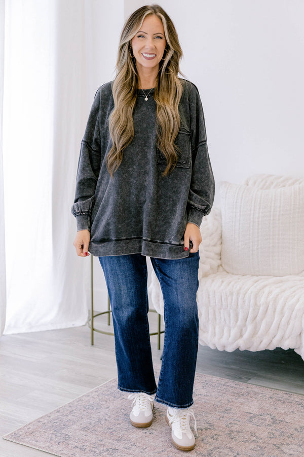 chic Soul plus size clothing, ash black pullover with an acid washed look as well as a front pocket on the left side of the chest 