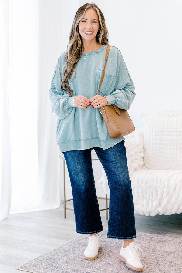 Chic Soul plus size clothing, light blue long sleeve pullover with front pocket and distressed seams 