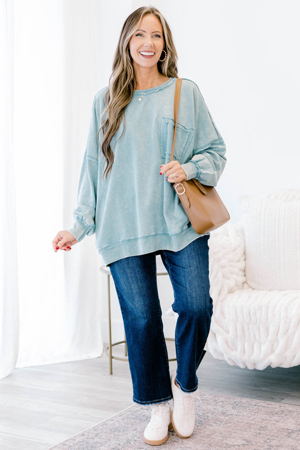 Chic Soul plus size clothing, light blue long sleeve pullover with front pocket and distressed seams 