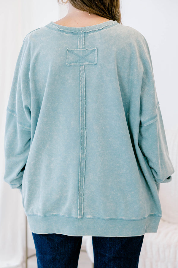 Chic Soul plus size clothing, light blue long sleeve pullover with front pocket and distressed seams 