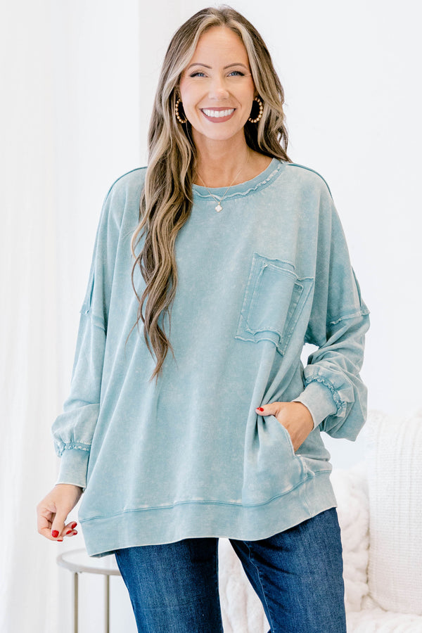 Chic Soul plus size clothing, light blue long sleeve pullover with front pocket and distressed seams 