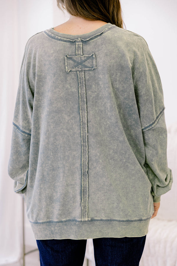 Chic Soul plus size clothing, acid wash grey green crewneck pullover with large front chest pocket and raw hems
