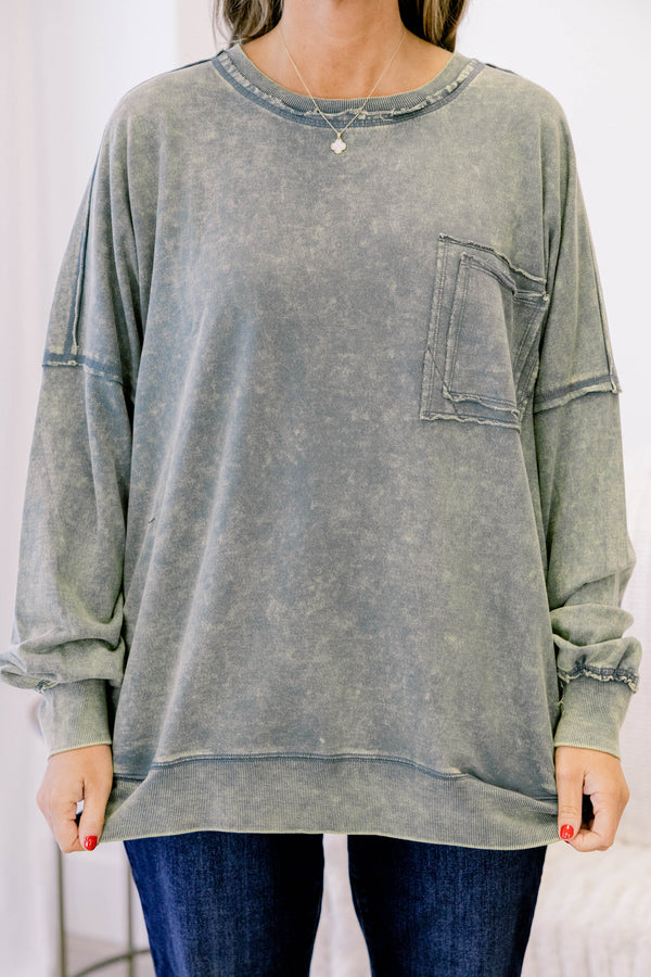 Chic Soul plus size clothing, acid wash grey green crewneck pullover with large front chest pocket and raw hems