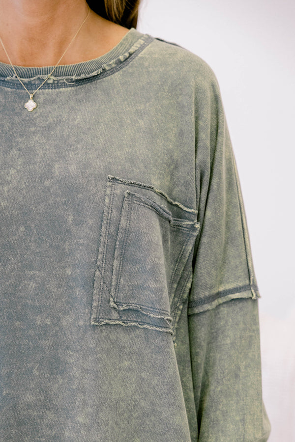 Chic Soul plus size clothing, acid wash grey green crewneck pullover with large front chest pocket and raw hems