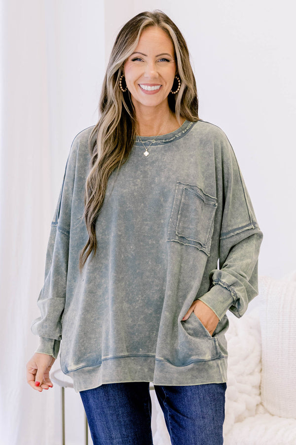 Chic Soul plus size clothing, acid wash grey green crewneck pullover with large front chest pocket and raw hems