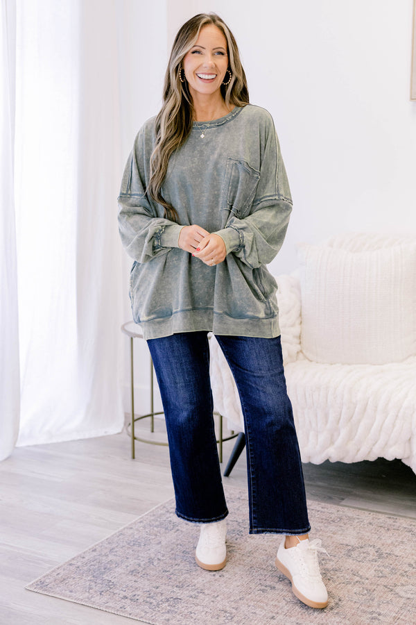 Chic Soul plus size clothing, acid wash grey green crewneck pullover with large front chest pocket and raw hems