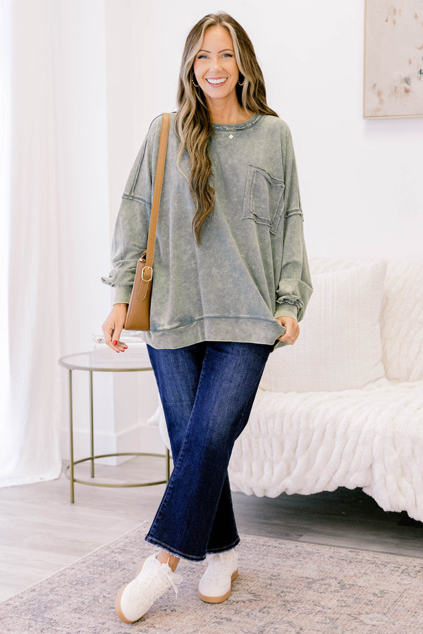 Chic Soul plus size clothing, acid wash grey green crewneck pullover with large front chest pocket and raw hems