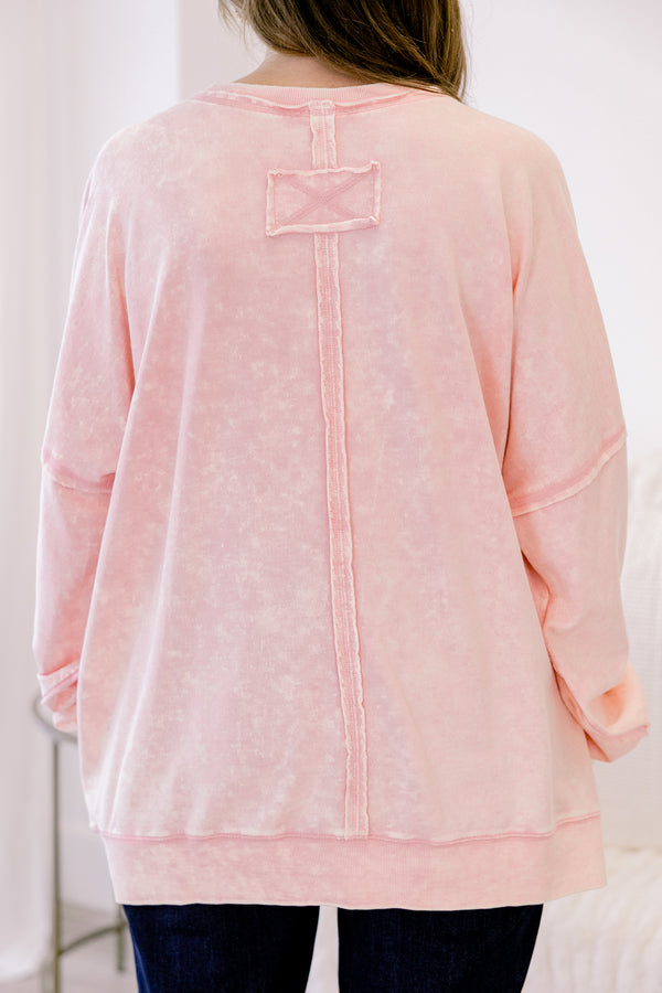 Chic Soul plus size clothing, light pink pullover with distressed details on the seems as well as a pocket on the left side of the chest 