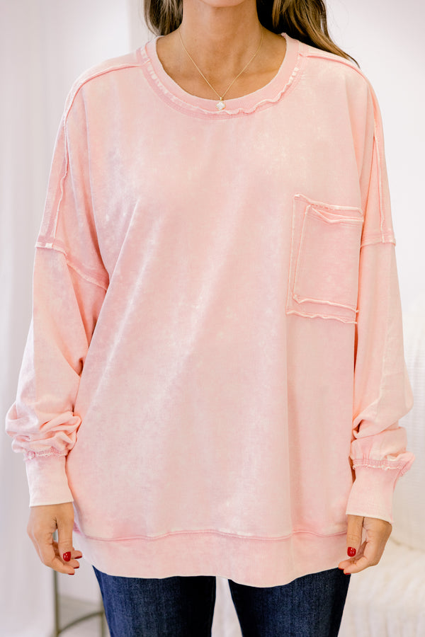 Chic Soul plus size clothing, light pink pullover with distressed details on the seems as well as a pocket on the left side of the chest 