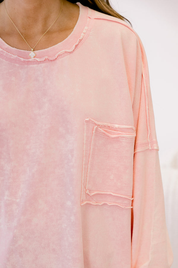 Chic Soul plus size clothing, light pink pullover with distressed details on the seems as well as a pocket on the left side of the chest 