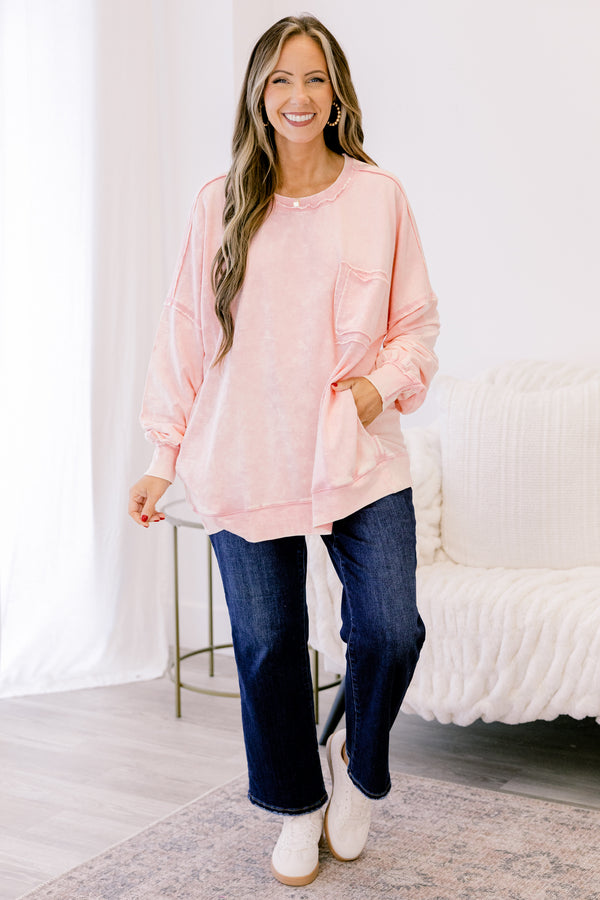 Chic Soul plus size clothing, light pink pullover with distressed details on the seems as well as a pocket on the left side of the chest 