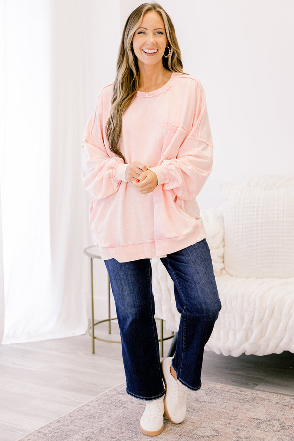 Chic Soul plus size clothing, light pink pullover with distressed details on the seems as well as a pocket on the left side of the chest 