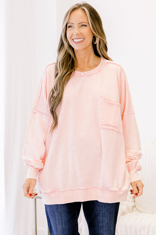 Chic Soul plus size clothing, light pink pullover with distressed details on the seems as well as a pocket on the left side of the chest 