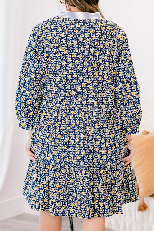 Chic Soul plus size clothing, navy and yellow floral print long sleeve short tiered knee length dress with v neckline and striping around collar and yellow scalloped