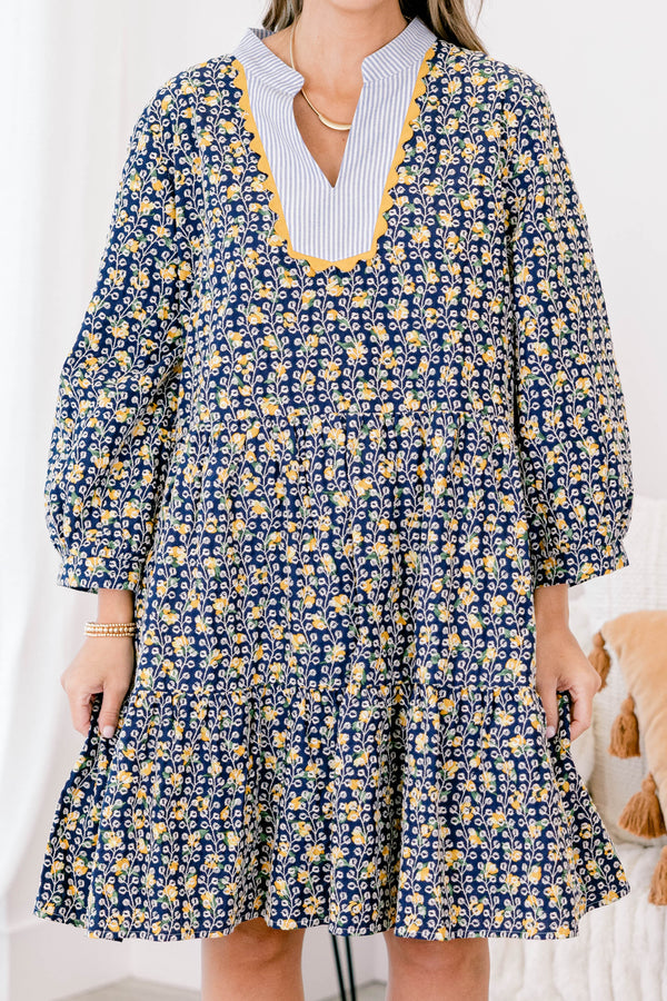 Chic Soul plus size clothing, navy and yellow floral print long sleeve short tiered knee length dress with v neckline and striping around collar and yellow scalloped