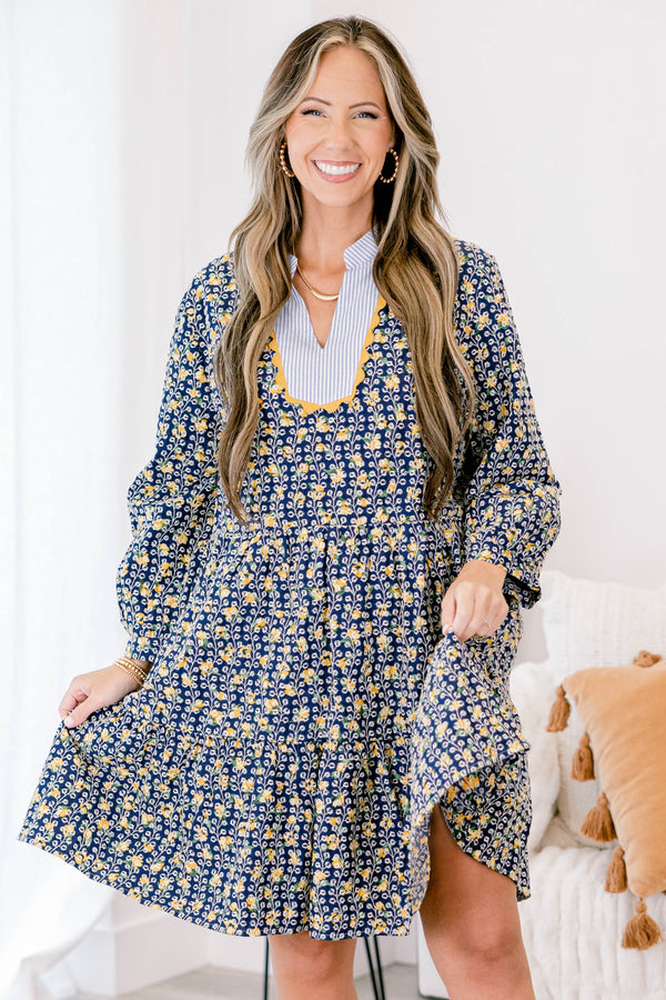 Chic Soul plus size clothing, navy and yellow floral print long sleeve short tiered knee length dress with v neckline and striping around collar and yellow scalloped