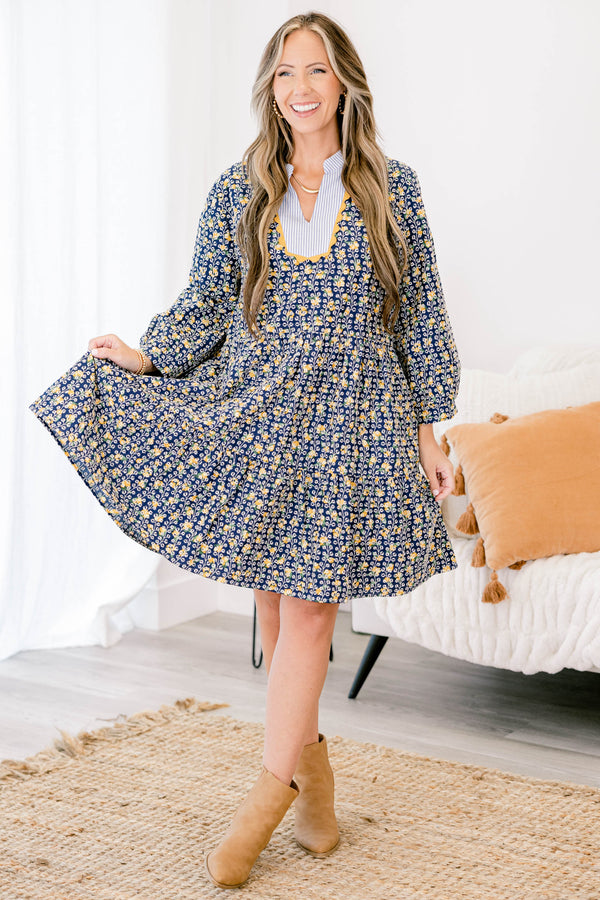 Chic Soul plus size clothing, navy and yellow floral print long sleeve short tiered knee length dress with v neckline and striping around collar and yellow scalloped