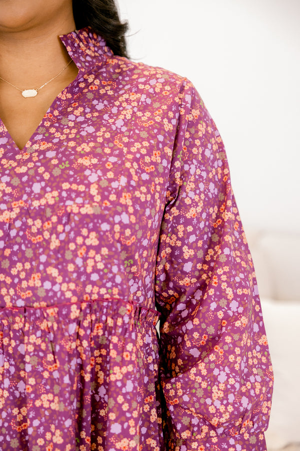 Chic Soul plus size clothing, purple and multi color floral print long sleeve knee length tiered baby doll dress with v neck cutout 