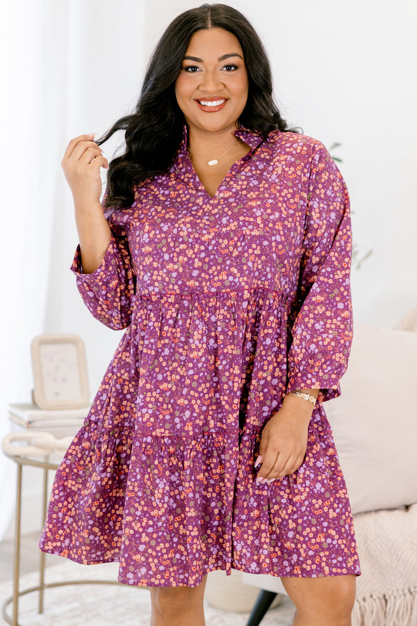 Chic Soul plus size clothing, purple and multi color floral print long sleeve knee length tiered baby doll dress with v neck cutout 