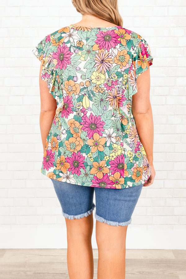 Chic Soul plus size clothing, multicolor floral pattern top with flutter sleeves