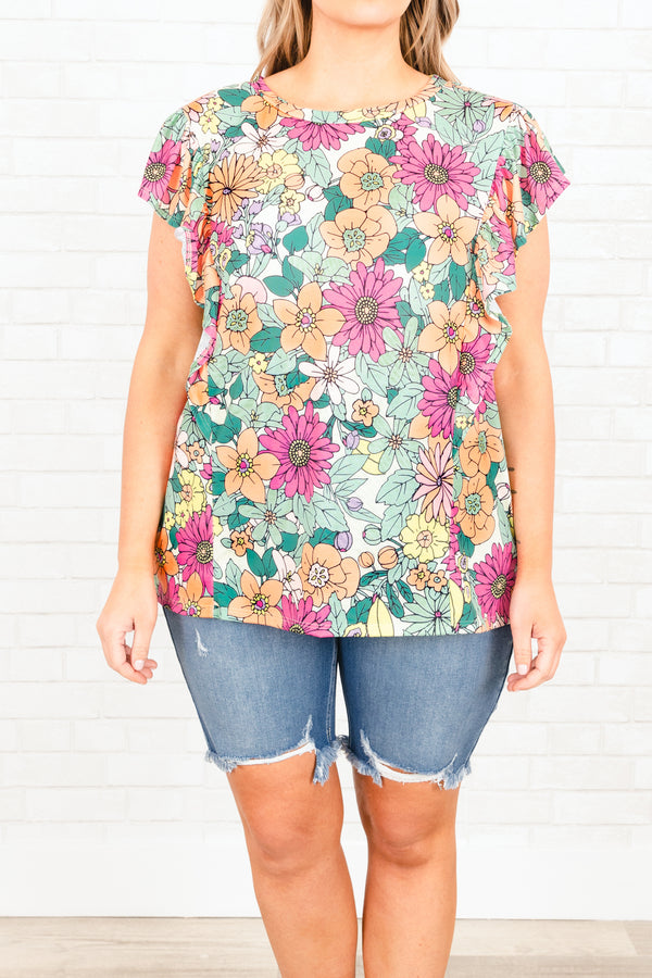 Chic Soul plus size clothing, multicolor floral pattern top with flutter sleeves