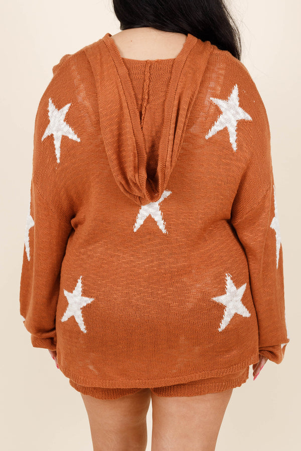 Chic Soul plus size clothing, rust sweater with white star pattern and bubble sleeves and button detail on the front