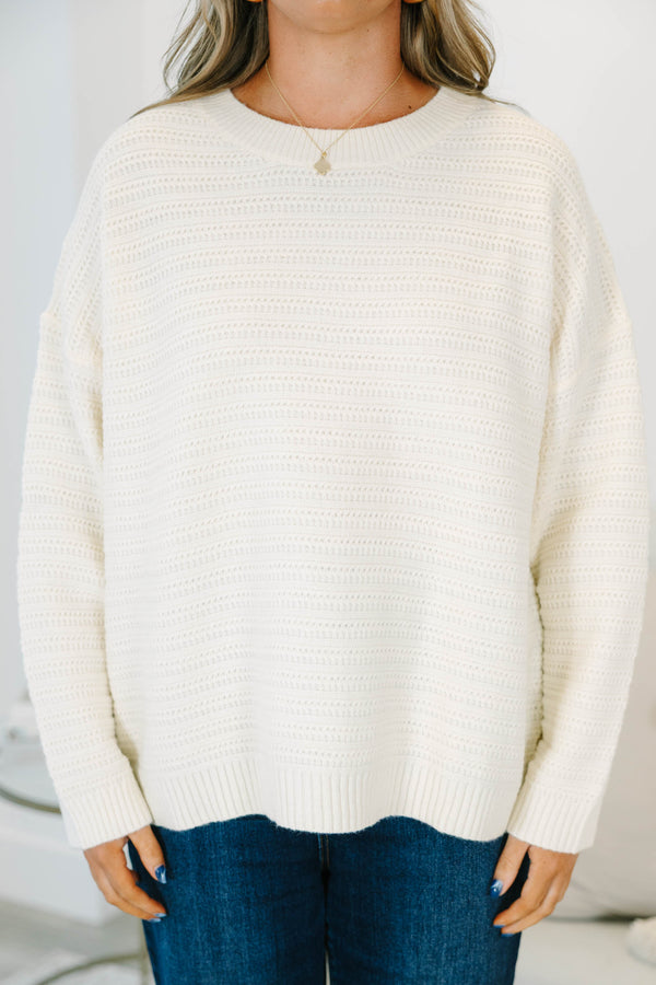 Plus Size cream crewneck sweater with a horizontal textured knit pattern and ribbed trim.