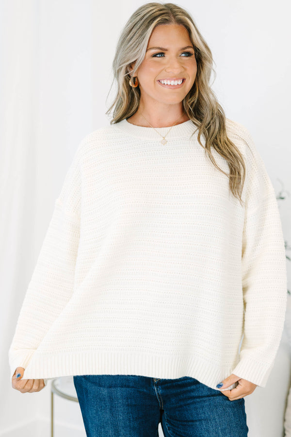 Plus Size cream crewneck sweater with a horizontal textured knit pattern and ribbed trim.
