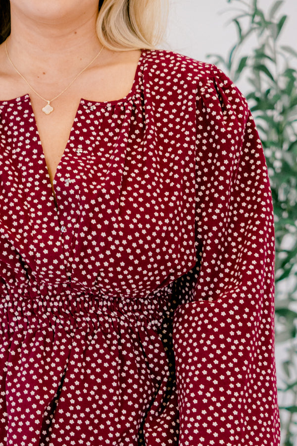 Chic Soul plus size clothing, maroon long sleeve short dress with small white polka dots and cinched at the waist 