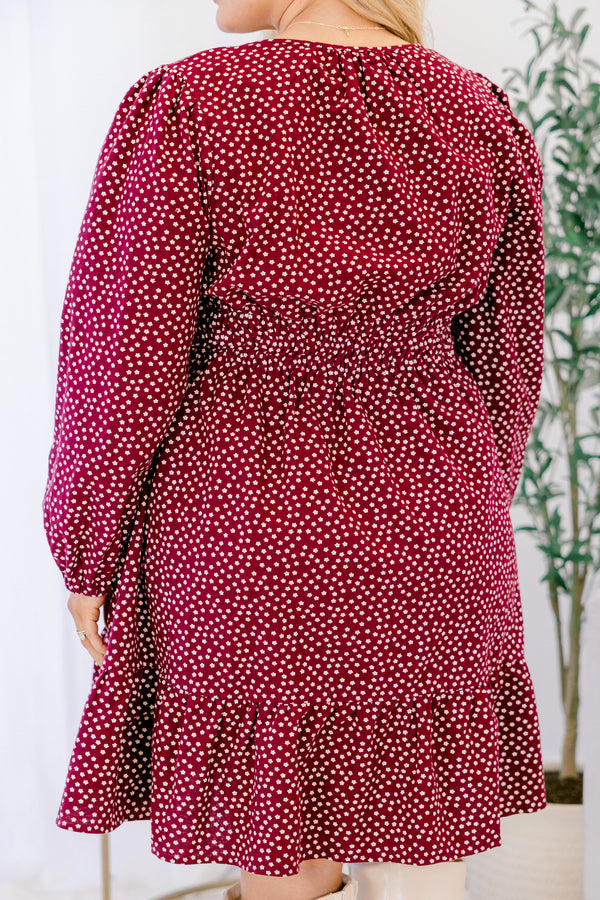 Chic Soul plus size clothing, maroon long sleeve short dress with small white polka dots and cinched at the waist 