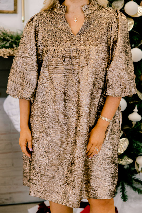 Chic Soul plus size clothing, bronze gold short puff sleeve a-line shift dress with v neckline cutout and smocking on the chest 