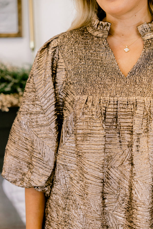 Chic Soul plus size clothing, bronze gold short puff sleeve a-line shift dress with v neckline cutout and smocking on the chest 