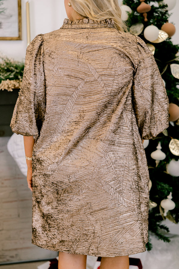 Chic Soul plus size clothing, bronze gold short puff sleeve a-line shift dress with v neckline cutout and smocking on the chest 