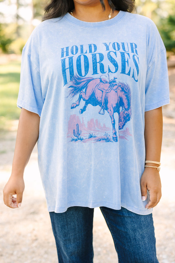 Plus size cornflower blue acid wash relaxed tee with a vintage horse graphic.