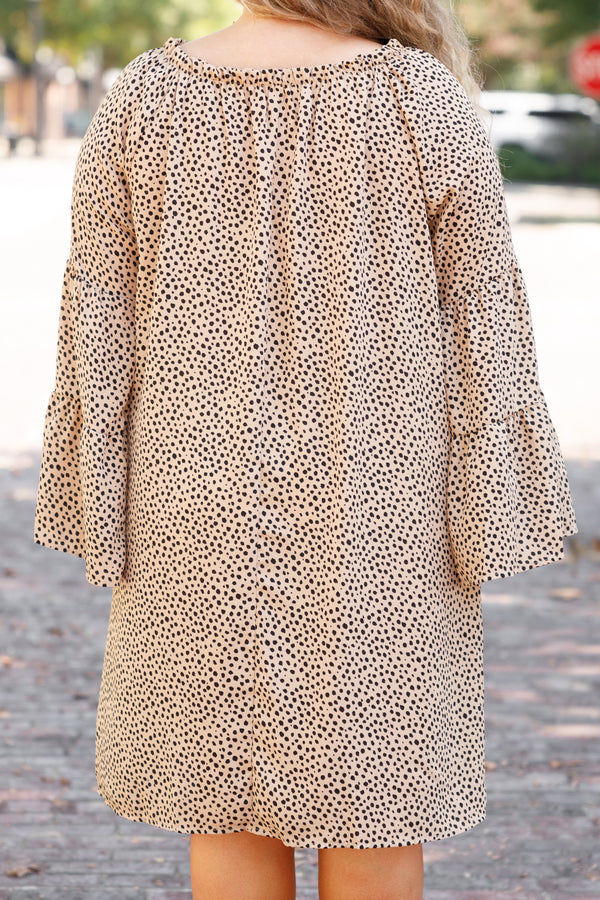 Chic Soul plus size clothing, taupe long-sleeve dress with scoop-neckline and black spotted pattern
