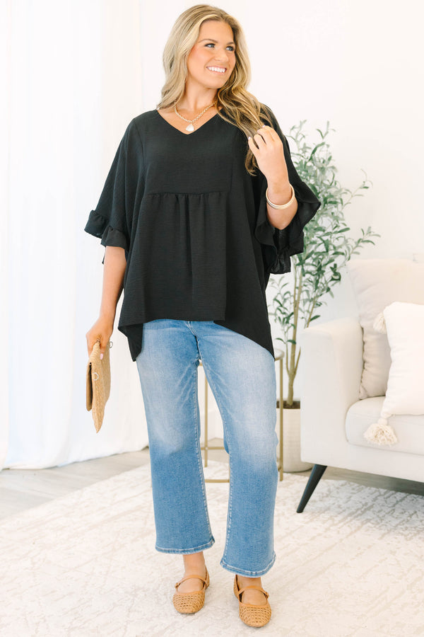 Chic Soul plus size clothing, black three quarter length sleeve babydoll flowy top with ruffle along sleeves and v neckline