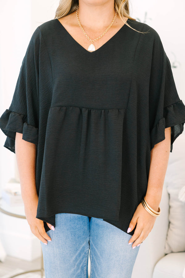 Chic Soul plus size clothing, black three quarter length sleeve babydoll flowy top with ruffle along sleeves and v neckline