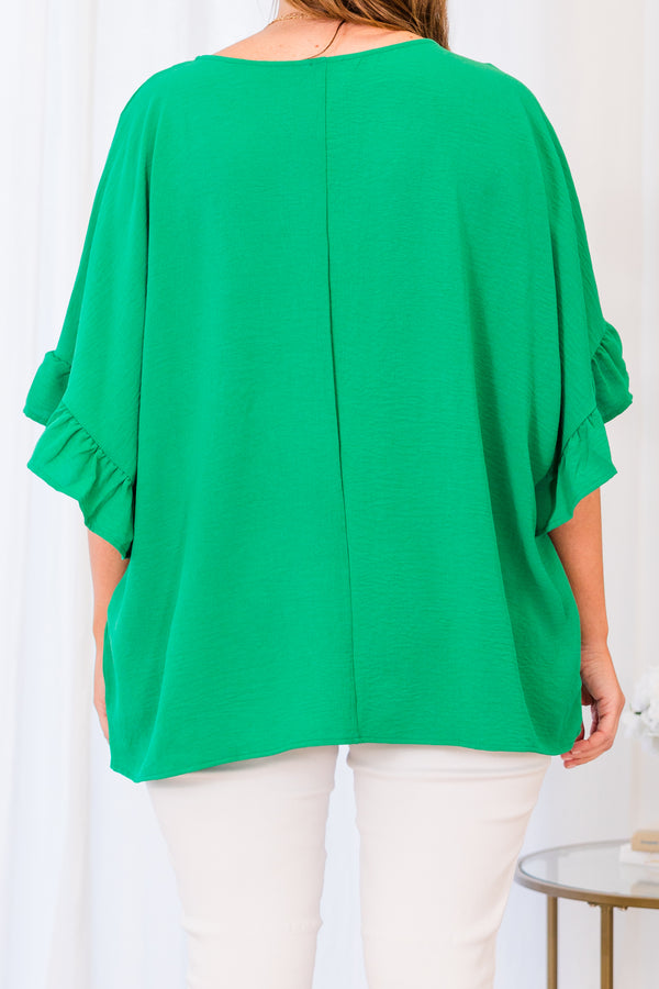 Chic Soul plus size clothing, short sleeve emerald green ruffled baby doll top with v-neckline and ruffled sleeves