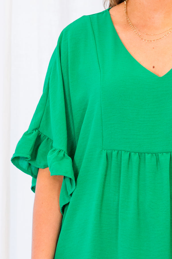 Chic Soul plus size clothing, short sleeve emerald green ruffled baby doll top with v-neckline and ruffled sleeves