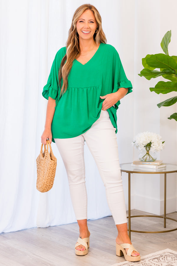 Chic Soul plus size clothing, short sleeve emerald green ruffled baby doll top with v-neckline and ruffled sleeves