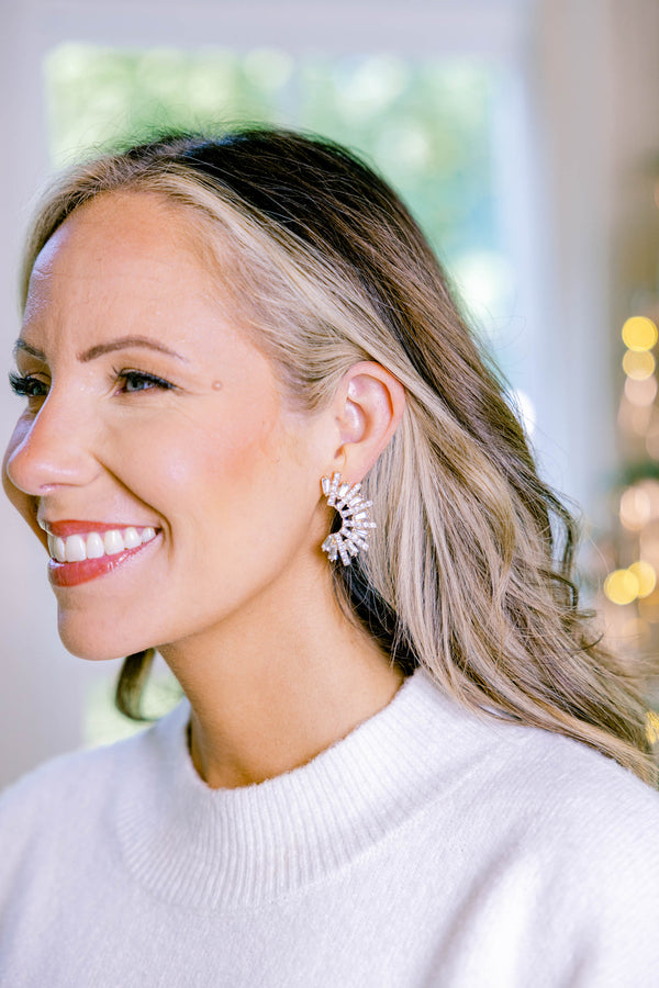 Chic Soul plus size clothing, gold and faux diamond half crescent earrings