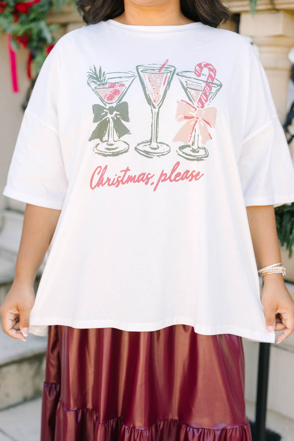 Plus size white boyfriend tee with Christmas cocktail graphics and a relaxed, flowy fit.