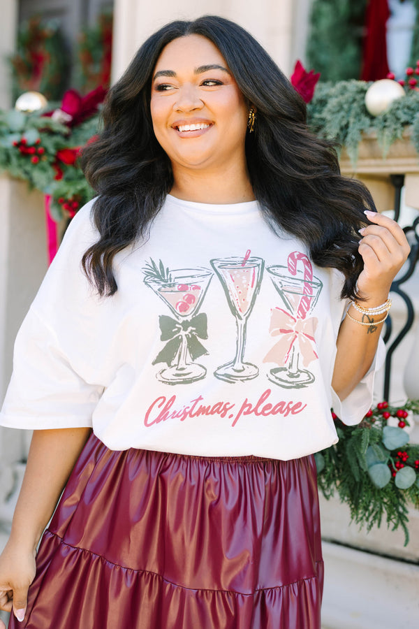 Plus size white boyfriend tee with Christmas cocktail graphics and a relaxed, flowy fit.