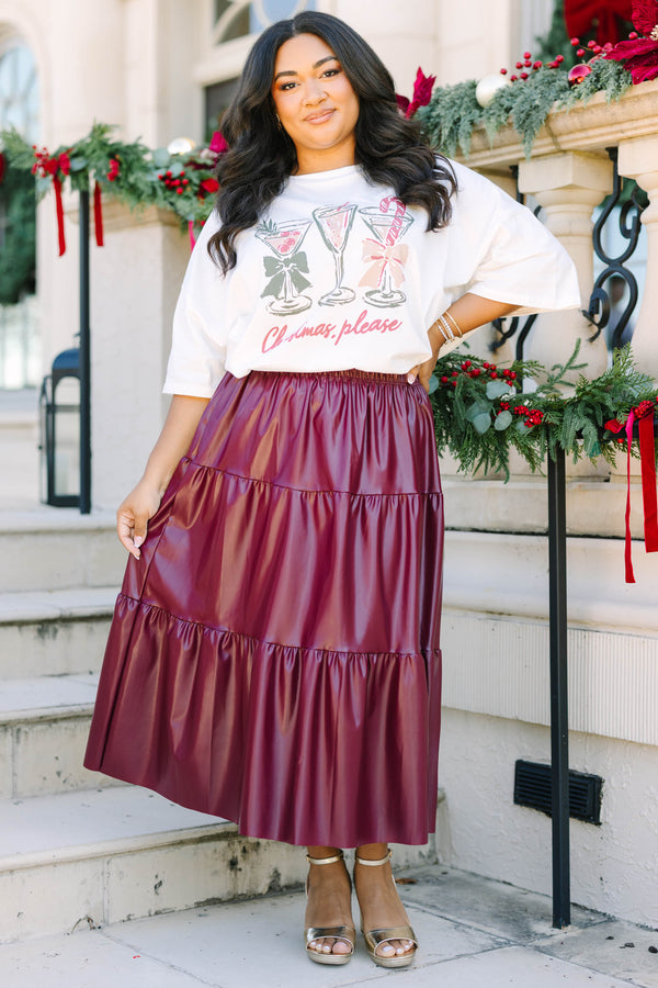 Plus size white boyfriend tee with Christmas cocktail graphics and a relaxed, flowy fit.