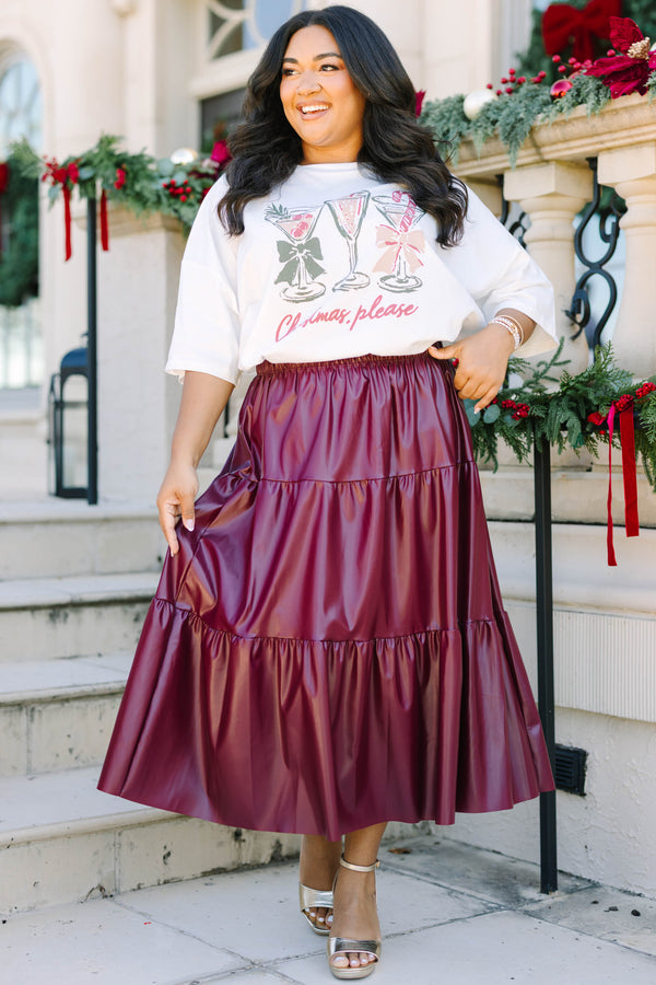 Plus size white boyfriend tee with Christmas cocktail graphics and a relaxed, flowy fit.