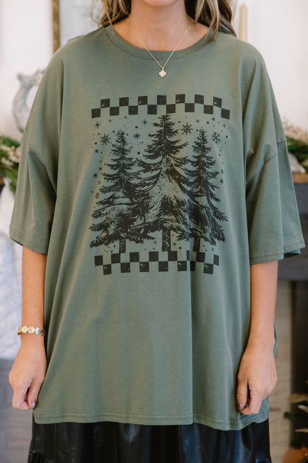 Chic Soul plus size clothing, moss green short sleeve boyfriend tee with checkered border and three flocked winter trees in the middle 