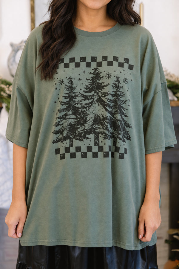 Chic Soul plus size clothing, moss green short sleeve boyfriend tee with checkered border and three flocked winter trees in the middle 