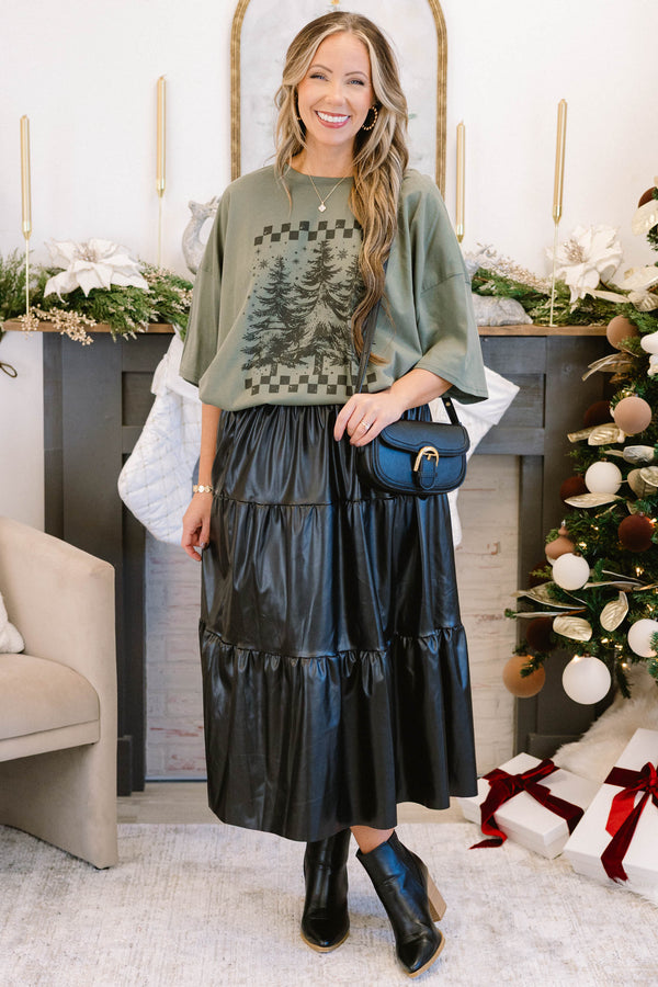Chic Soul plus size clothing, moss green short sleeve boyfriend tee with checkered border and three flocked winter trees in the middle 