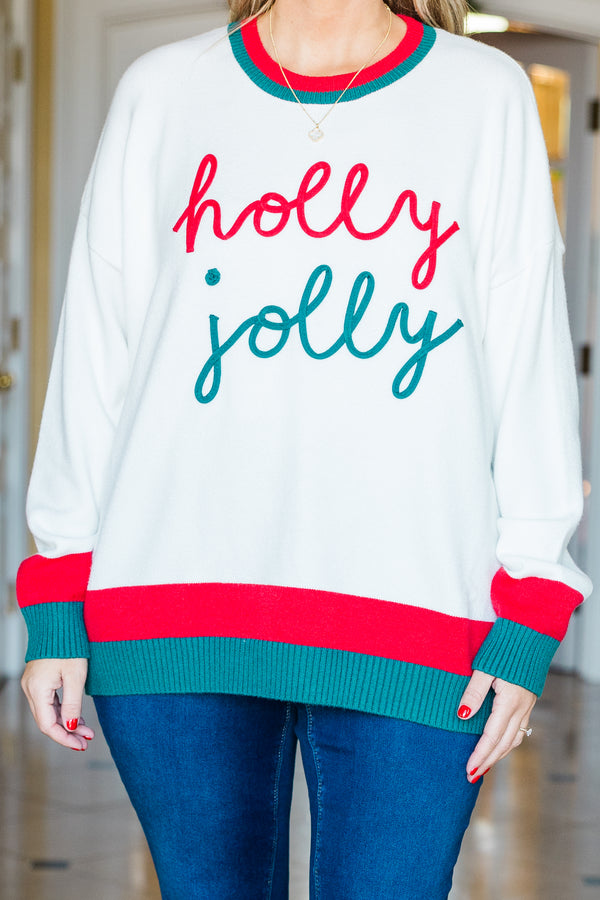 Chic Soul plus size clothing, white long sleeve sweater with red and green ribbed trim along sleeves, bottom, and neckline with 