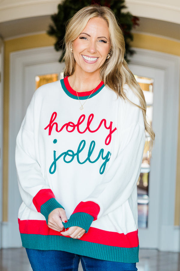 Chic Soul plus size clothing, white long sleeve sweater with red and green ribbed trim along sleeves, bottom, and neckline with 